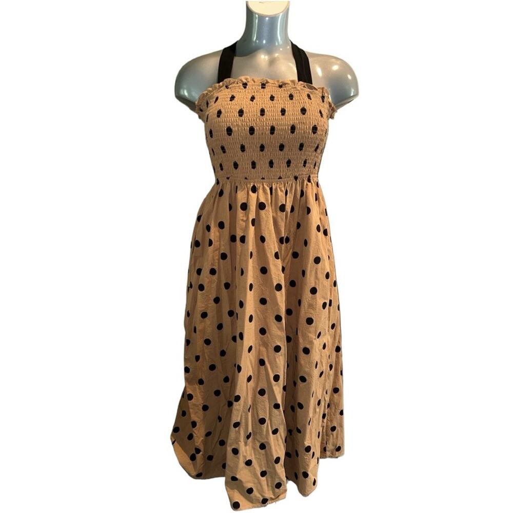 IDEM DITTO Retro Polka Dot Smocked Top Midi Dress with pockets Size S